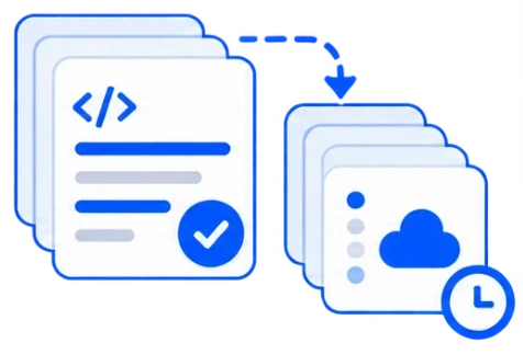 A code file with a check mark is sent on as a batch of events to the cloud, after the response.